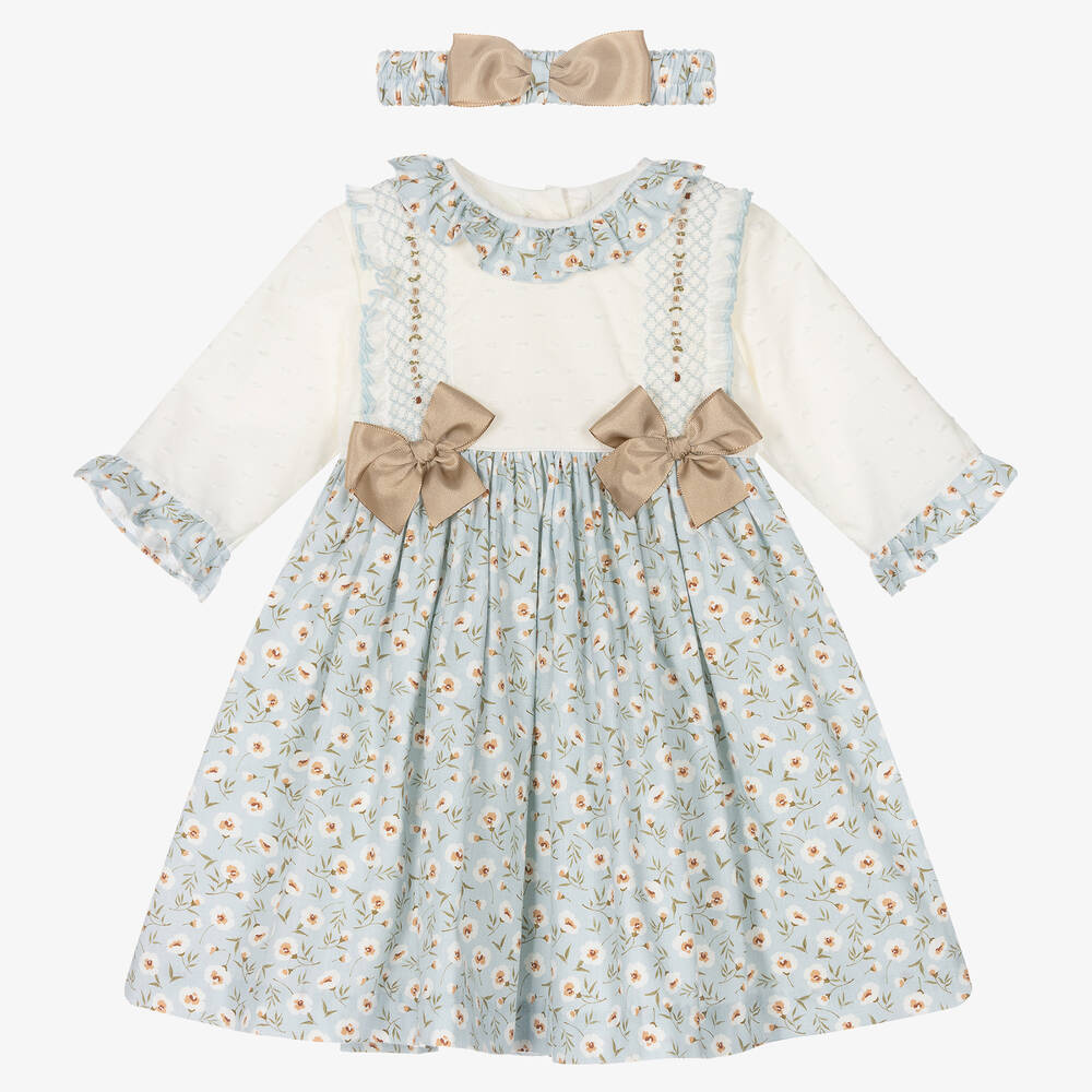 Pretty Originals - طقم فستان مزيج قطن لون عاجي وأزرق | Childrensalon