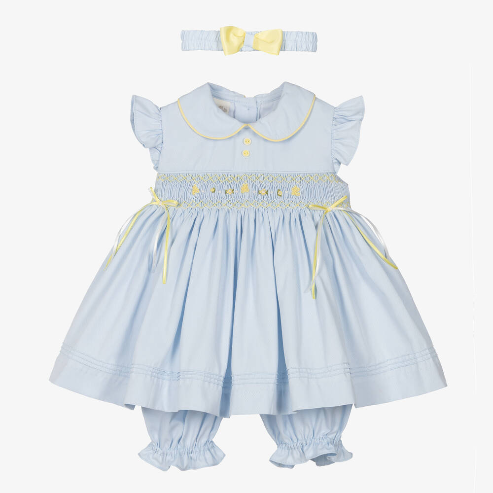 Pretty Originals-Girls Blue Smocked Cotton Dress Set | Childrensalon Outlet