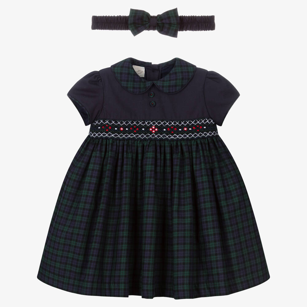 Pretty Originals - Girls Blue Tartan Hand-Smocked Dress Set | Childrensalon