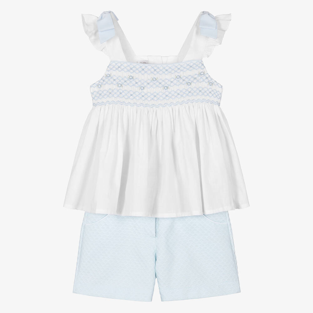 Pretty Originals - Girls Blue & White Smocked Cotton Shorts Set | Childrensalon