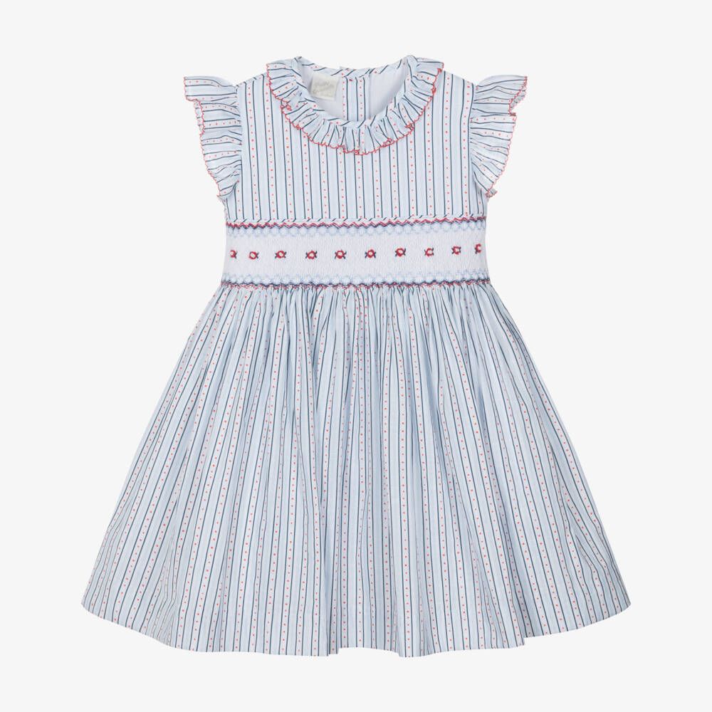 Pretty Originals-Girls Blue & White Striped Cotton Dress | Childrensalon Outlet