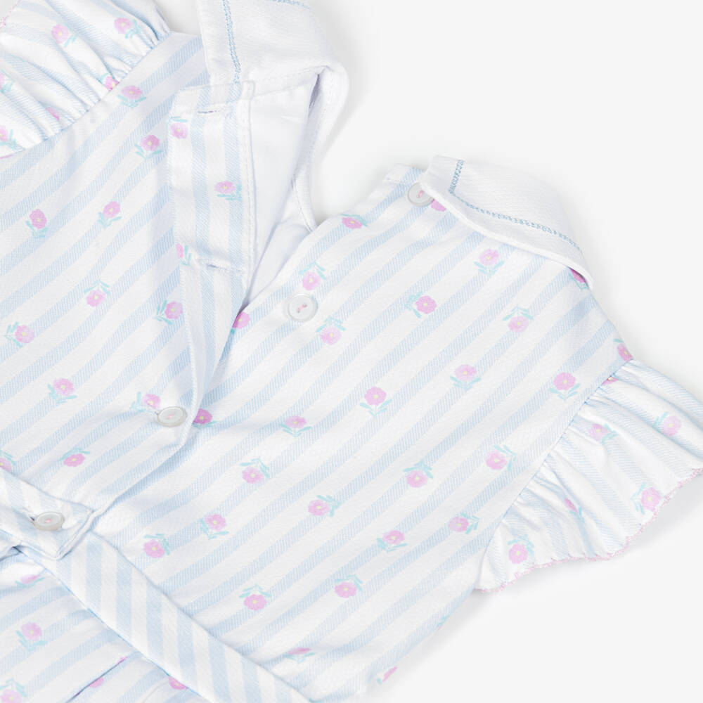 Pretty Originals-Girls Blue & White Striped Cotton Floral Print Dress | Childrensalon Outlet