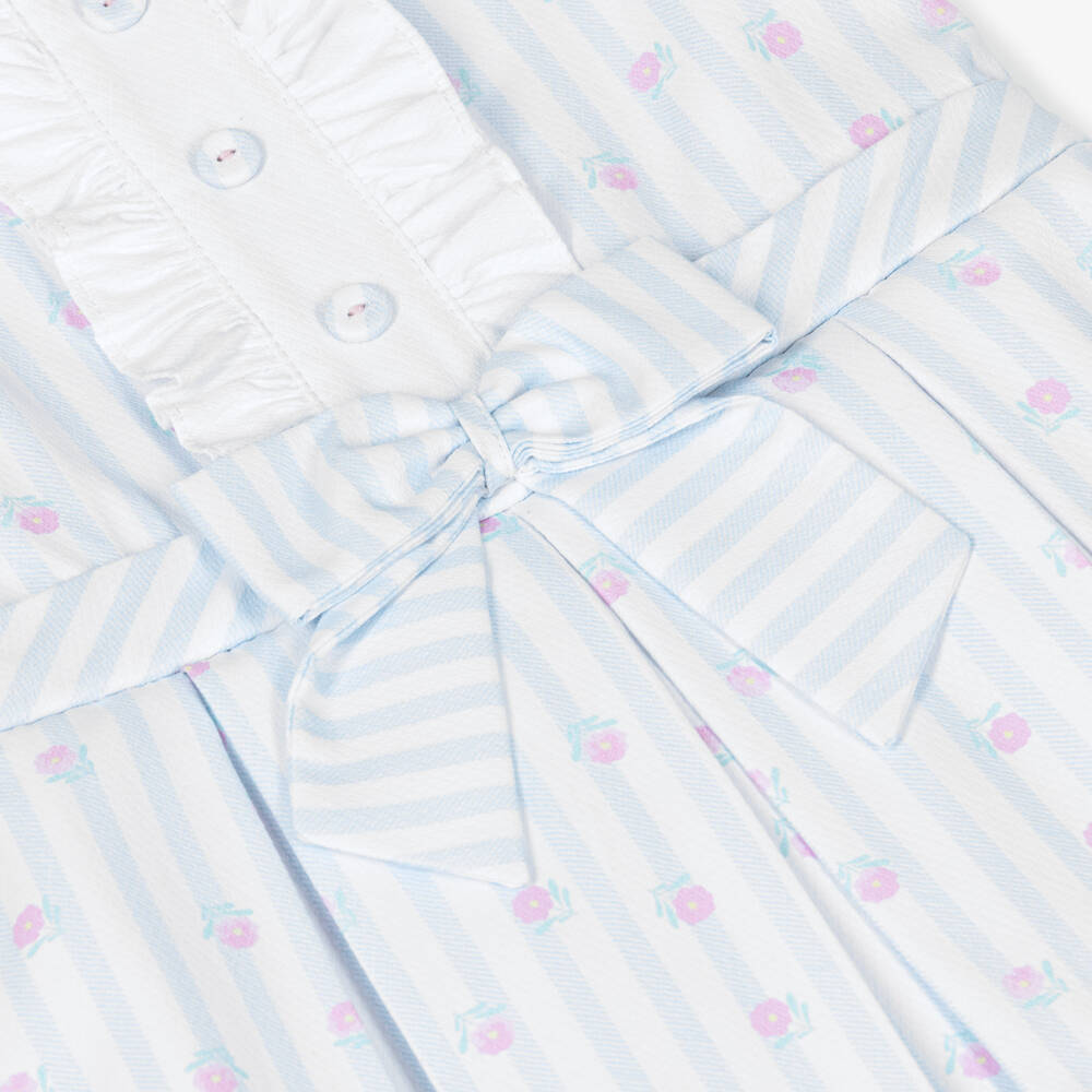 Pretty Originals-Girls Blue & White Striped Cotton Floral Print Dress | Childrensalon Outlet