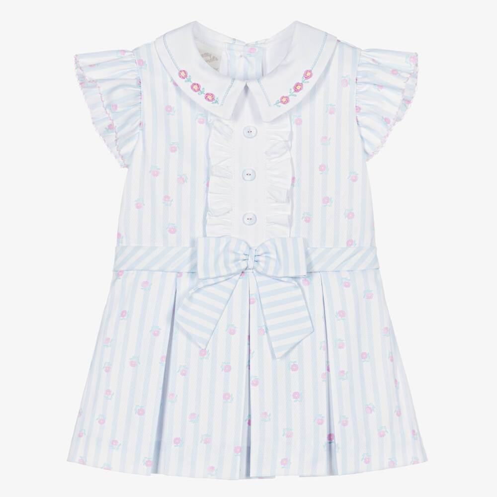 Pretty Originals-Girls Blue & White Striped Cotton Floral Print Dress | Childrensalon Outlet