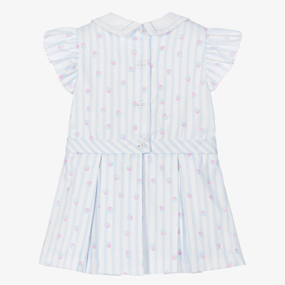 Pretty Originals-Girls Blue & White Striped Cotton Floral Print Dress | Childrensalon Outlet