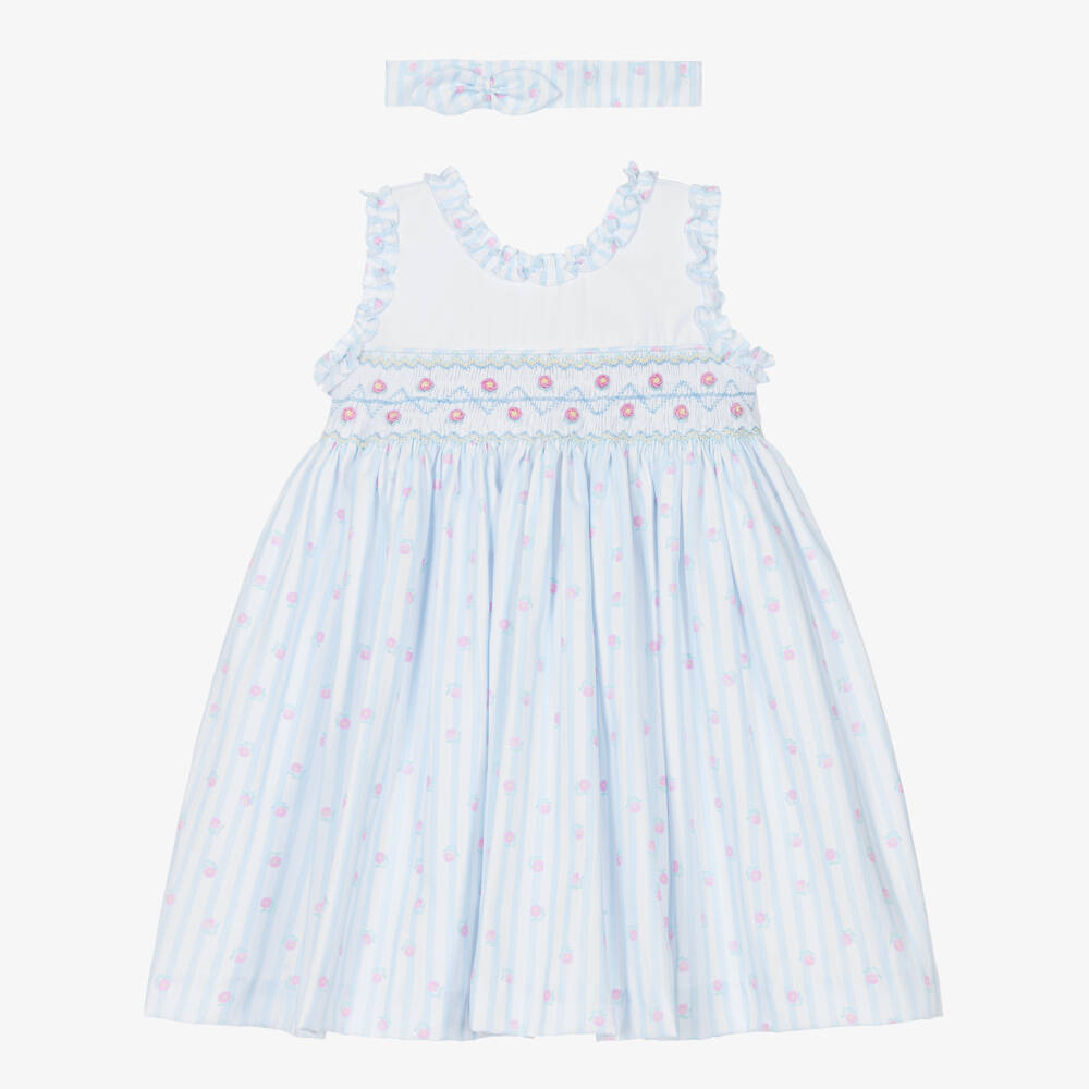 Pretty Originals-Girls Blue & White Striped Cotton Hand-Smocked Dress Set | Childrensalon Outlet