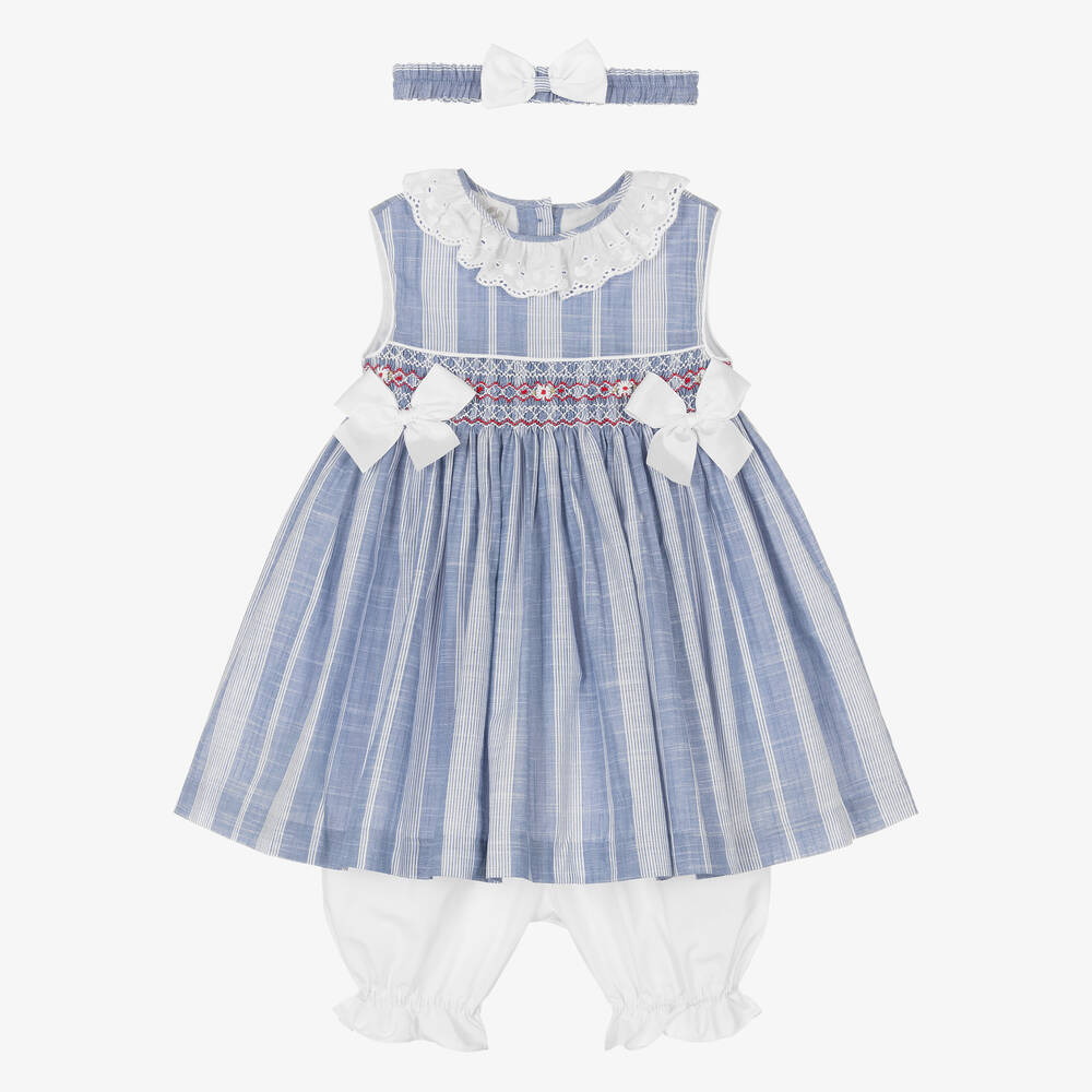 Pretty Originals - طقم فستان قطن مقلم أزرق وأبيض | Childrensalon