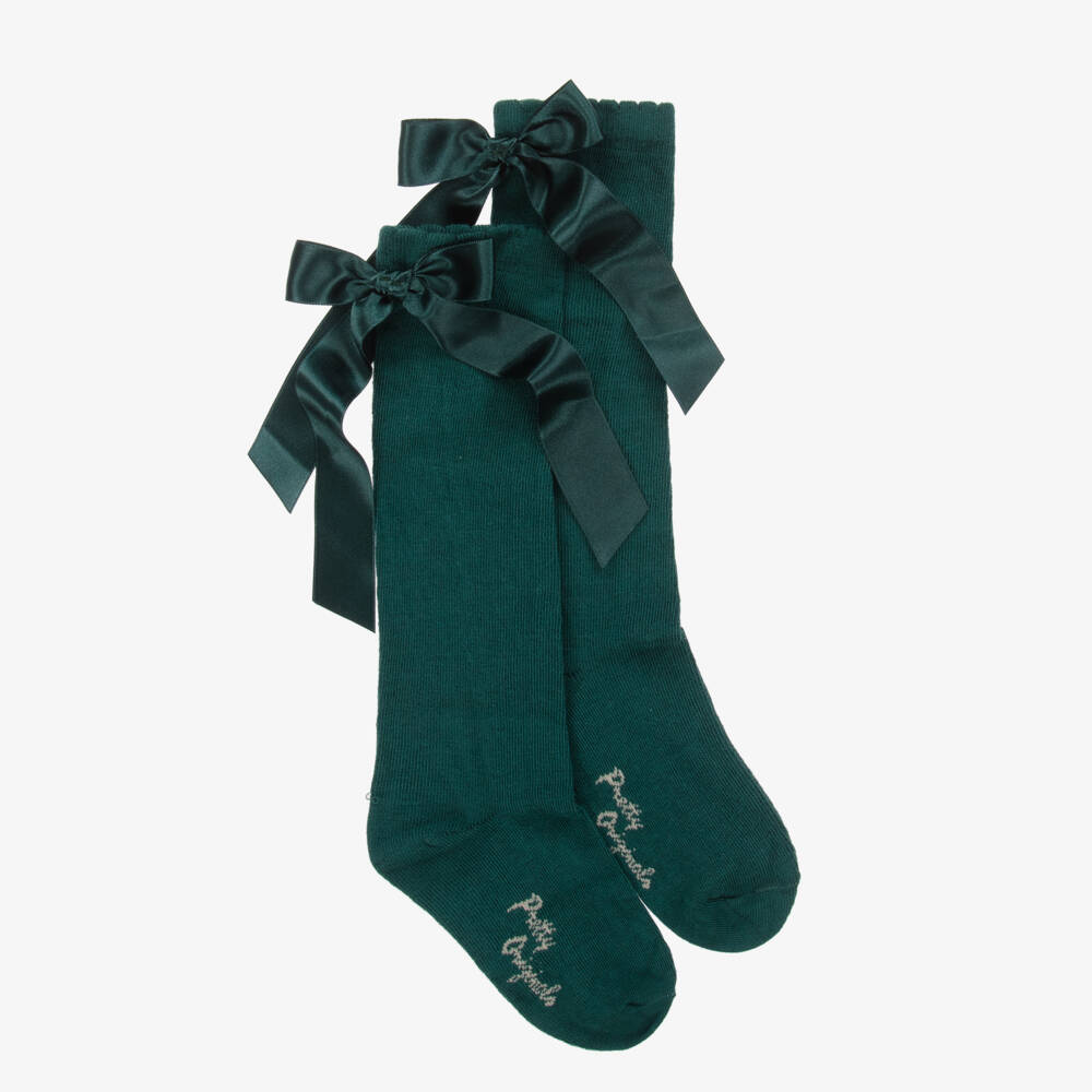 Pretty Originals-Girls Dark Green Cotton Knee-High Socks | Childrensalon Outlet