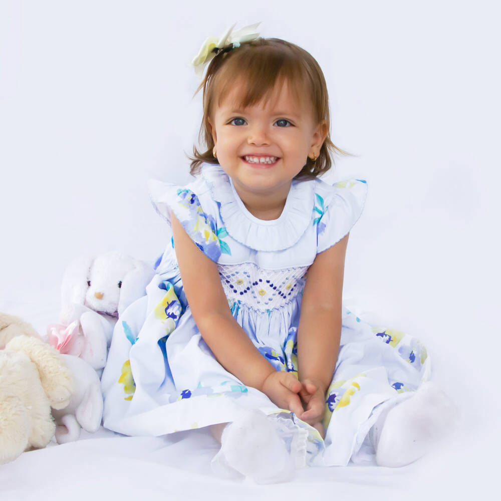 Pretty Originals-Girls Floral Blue Smock Dress | Childrensalon Outlet