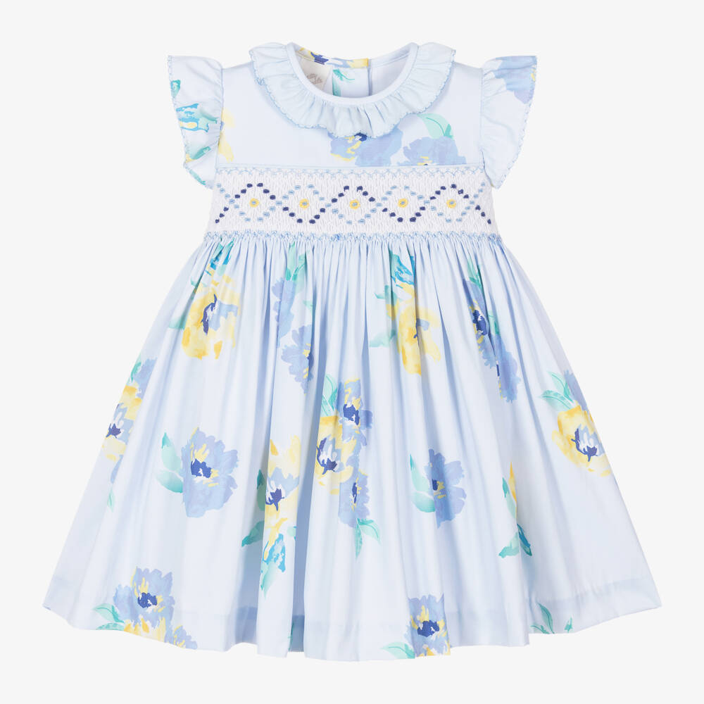 Pretty Originals-Girls Floral Blue Smock Dress | Childrensalon Outlet