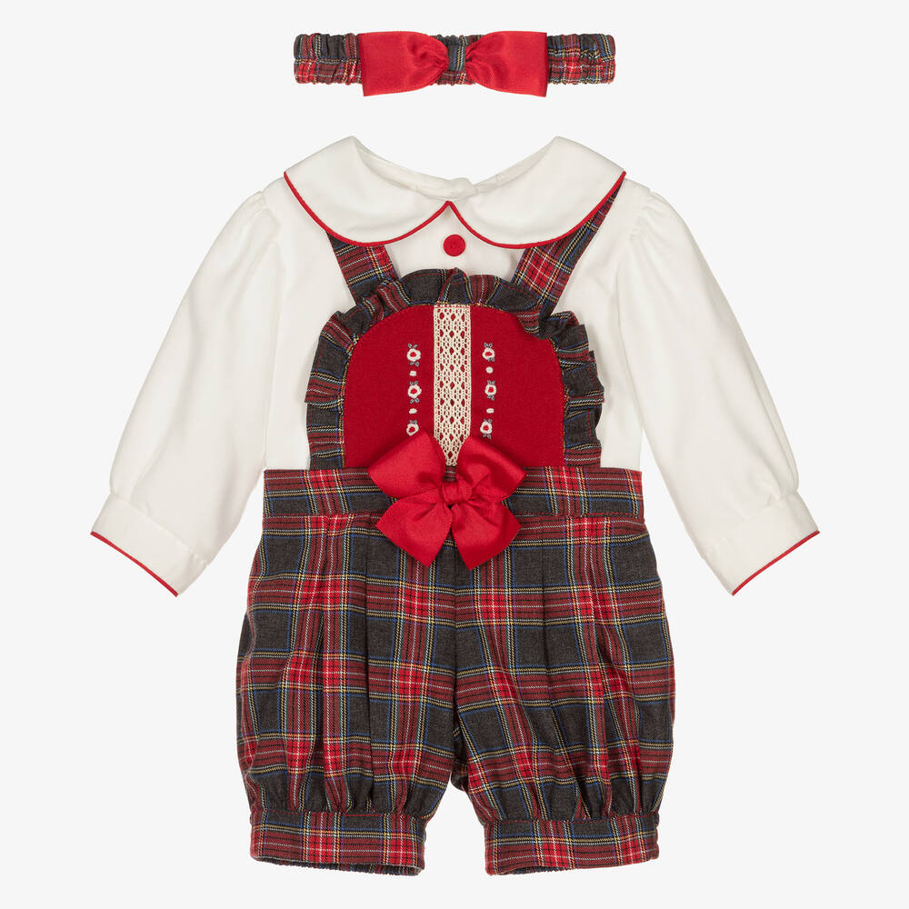 Pretty Originals - Girls Grey Tartan Dungaree Set | Childrensalon