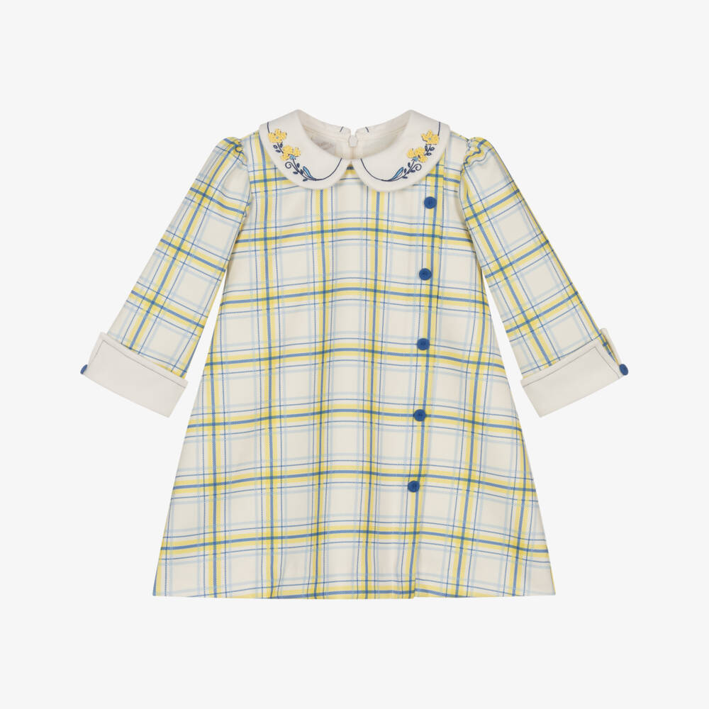 Pretty Originals-Girls Ivory & Blue Check Long Sleeved Dress | Childrensalon Outlet