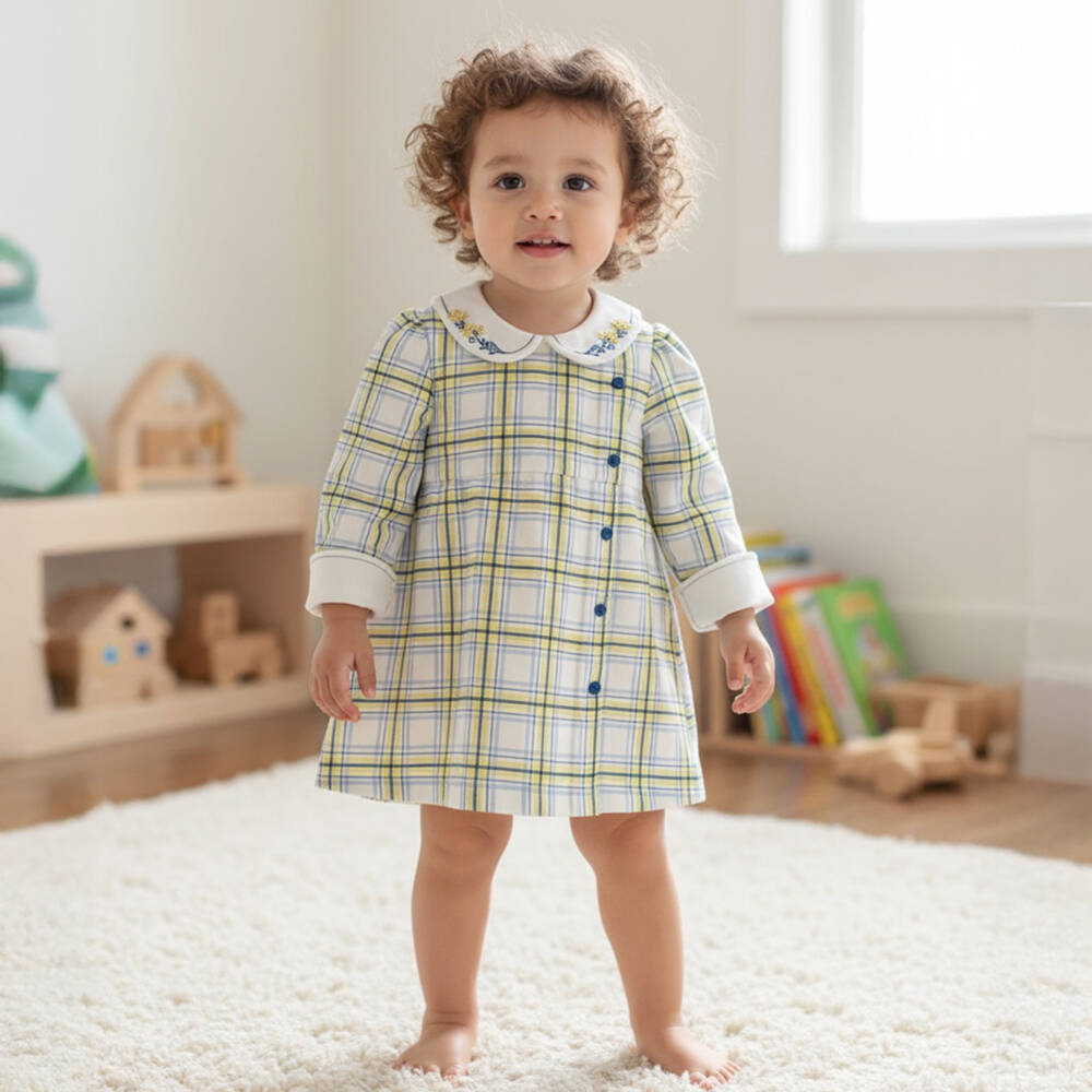 Pretty Originals-Girls Ivory & Blue Check Long Sleeved Dress | Childrensalon Outlet