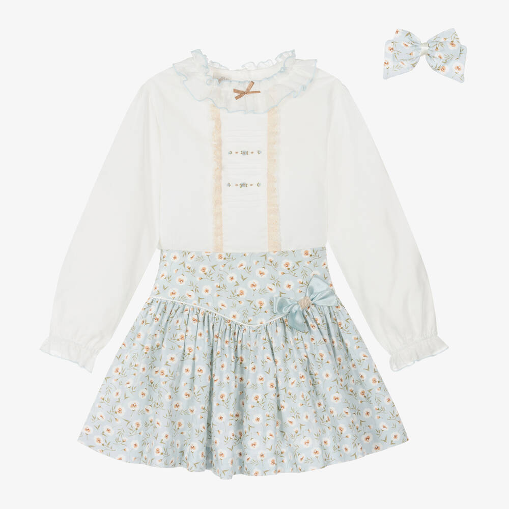 Pretty Originals - Girls Ivory & Blue Floral Skirt Set | Childrensalon