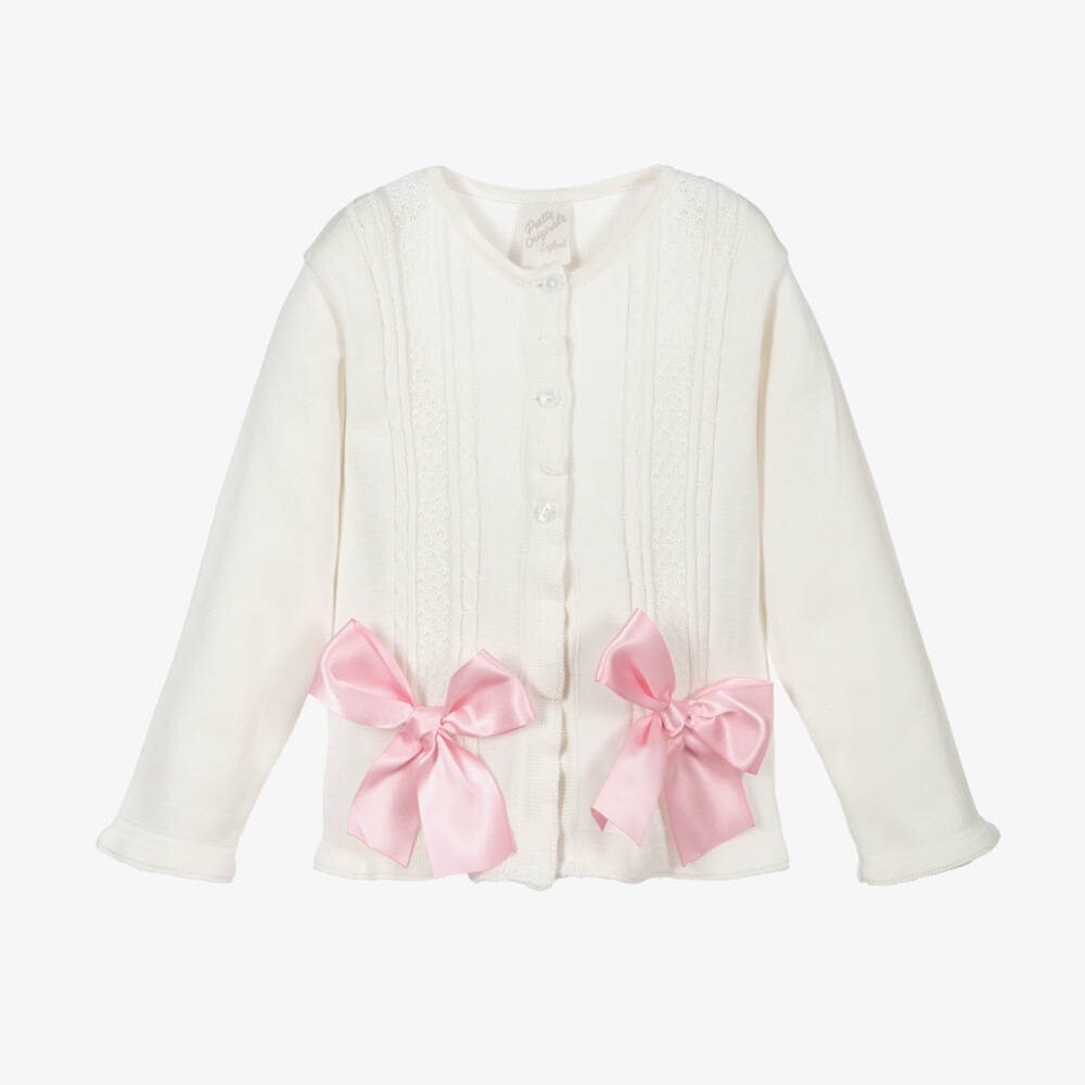 Pretty Originals-Girls Ivory Cotton Knit Cardigan with Pink Bows | Childrensalon Outlet