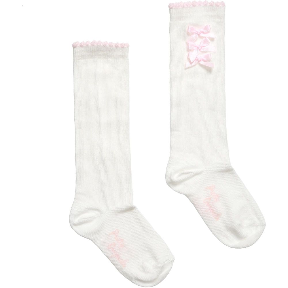 Pretty Originals - Girls Ivory Cotton Socks with Pink Satin Bows | Childrensalon