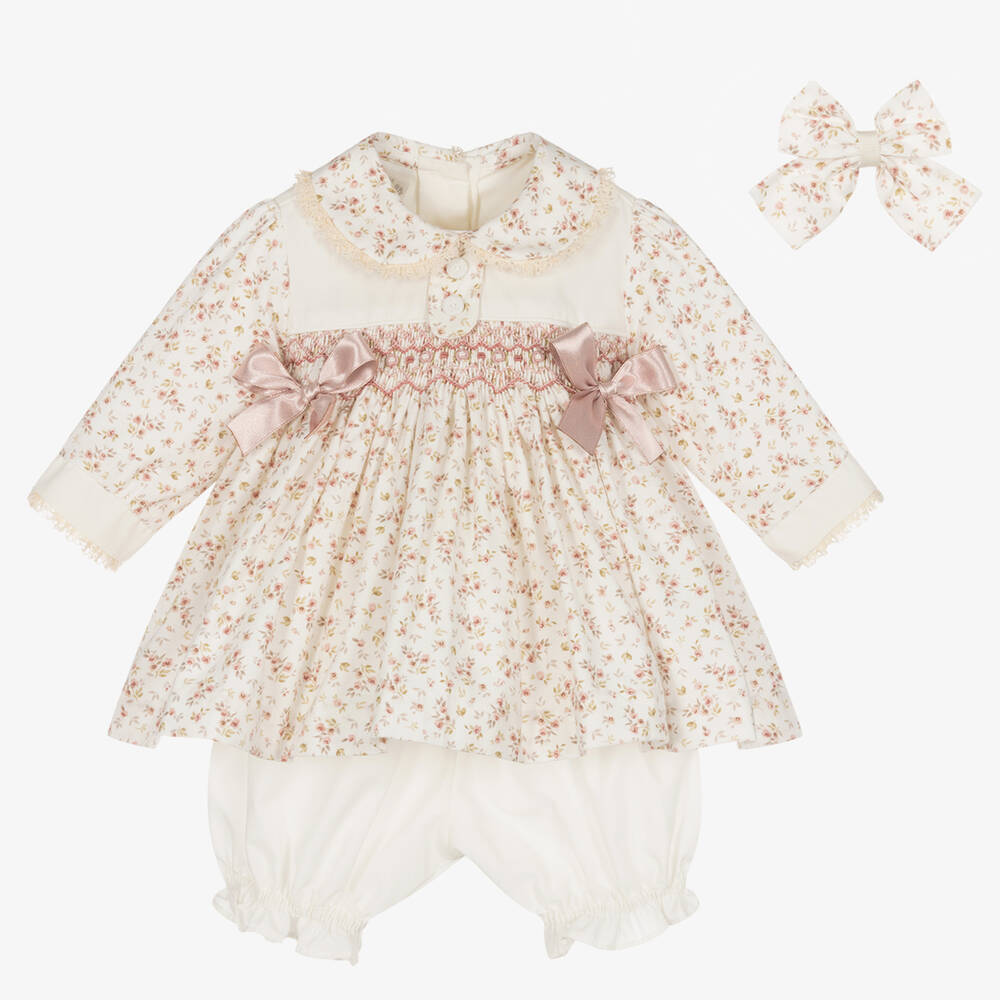Pretty Originals - Girls Ivory Floral Smocked Dress Set | Childrensalon