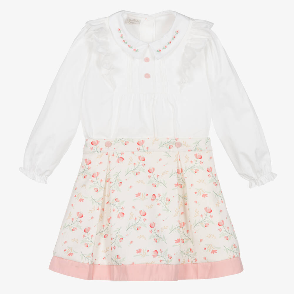 Pretty Originals - Girls Ivory & Pink Floral Skirt Set | Childrensalon