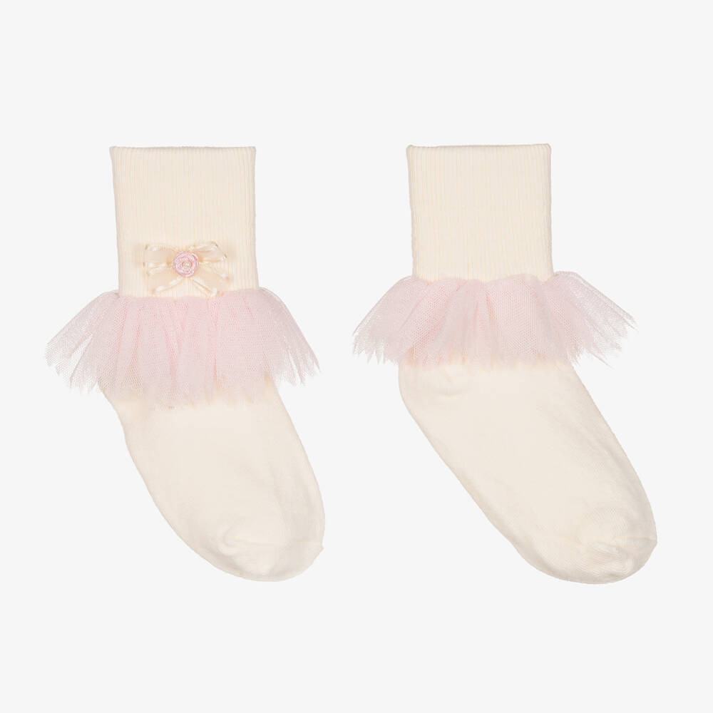 Pretty Originals - Girls Ivory & Pink Tulle Socks  | Childrensalon