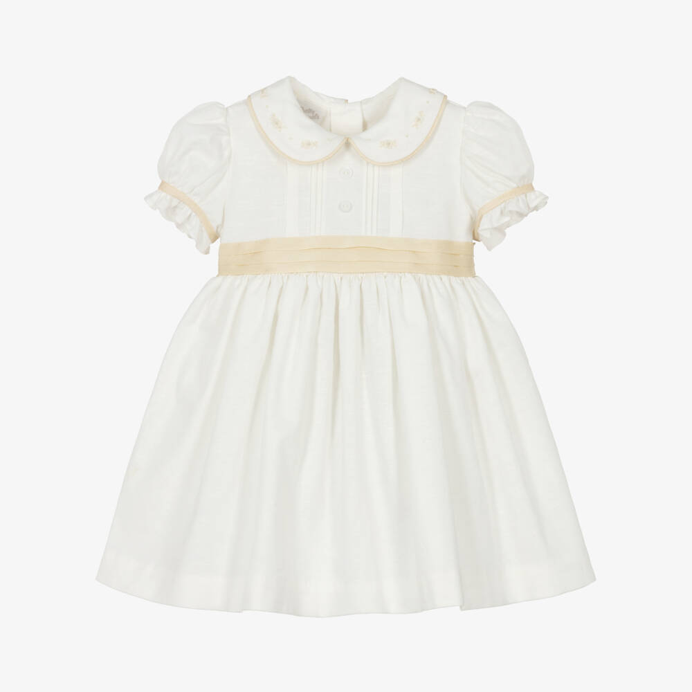 Pretty Originals-Girls Ivory Puffed Sleeve Dress with Embroidered Collar | Childrensalon Outlet