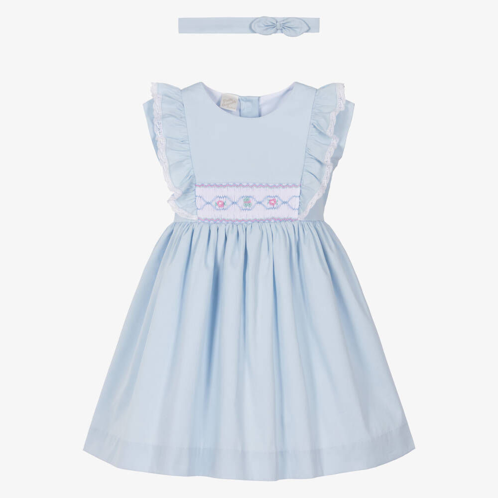Pretty Originals-Girls Pale Blue Cotton Smocked Dress Set | Childrensalon Outlet