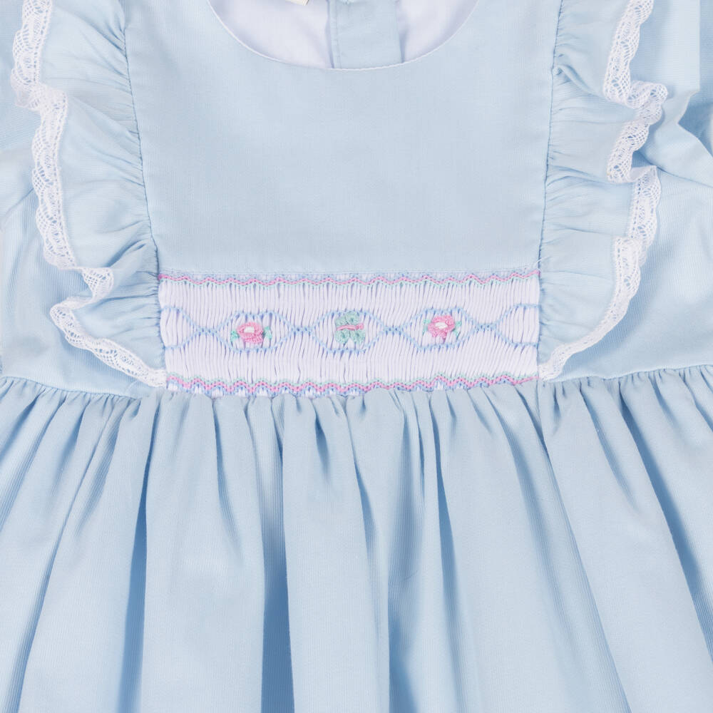 Pretty Originals-Girls Pale Blue Cotton Smocked Dress Set | Childrensalon Outlet