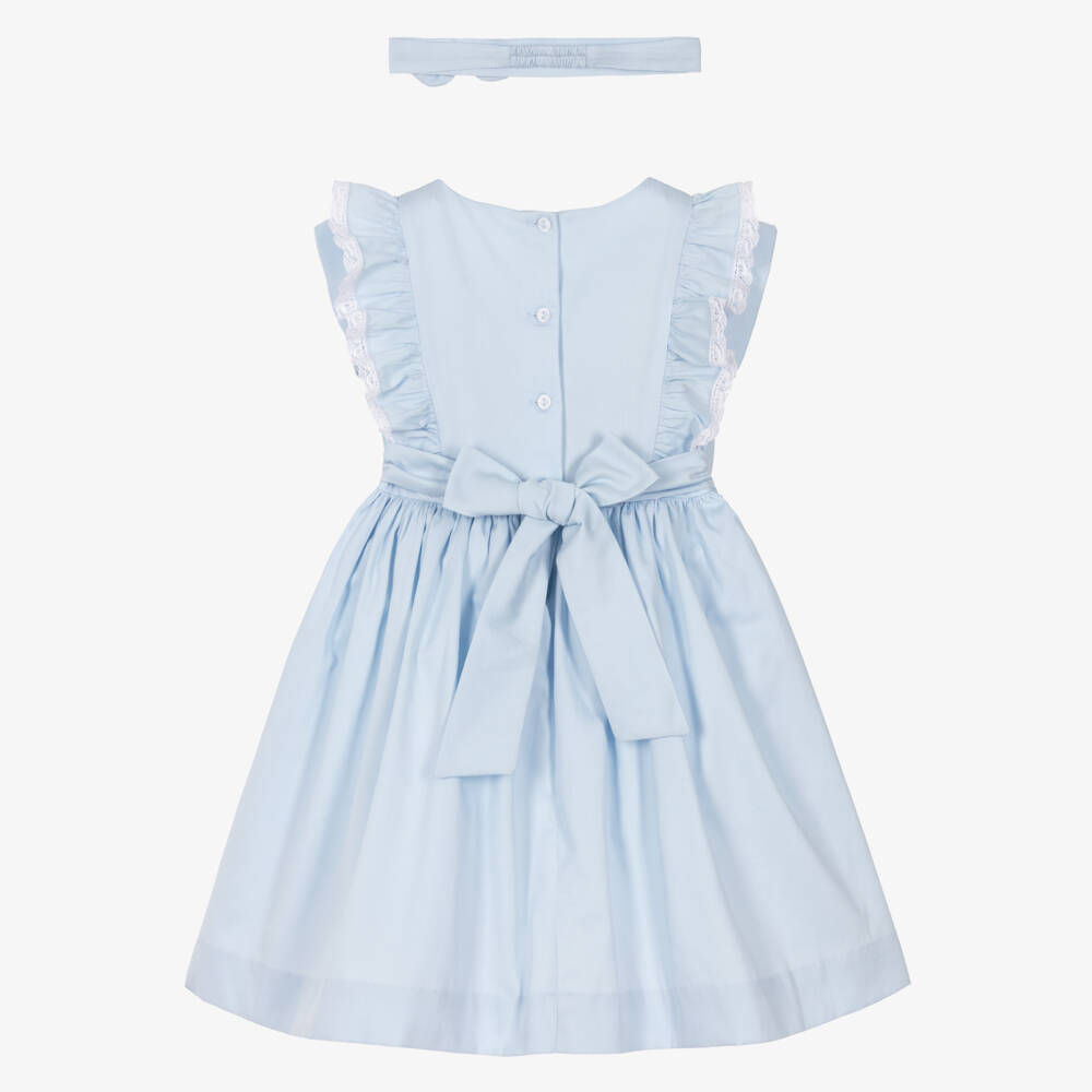 Pretty Originals-Girls Pale Blue Cotton Smocked Dress Set | Childrensalon Outlet