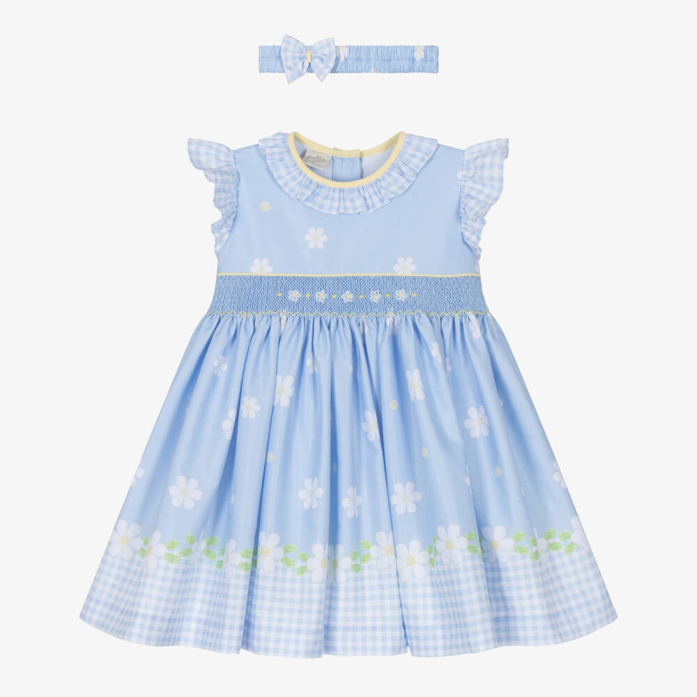 Pretty Originals-Girls Pale Blue Daisy Print Dress & Headband Set | Childrensalon Outlet