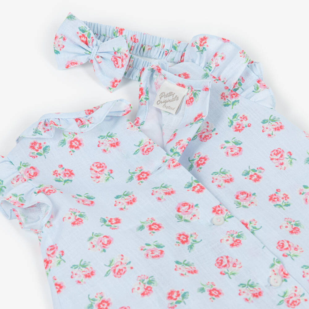 Pretty Originals-Girls Pale Blue Floral Print Dress Set with Headband | Childrensalon Outlet