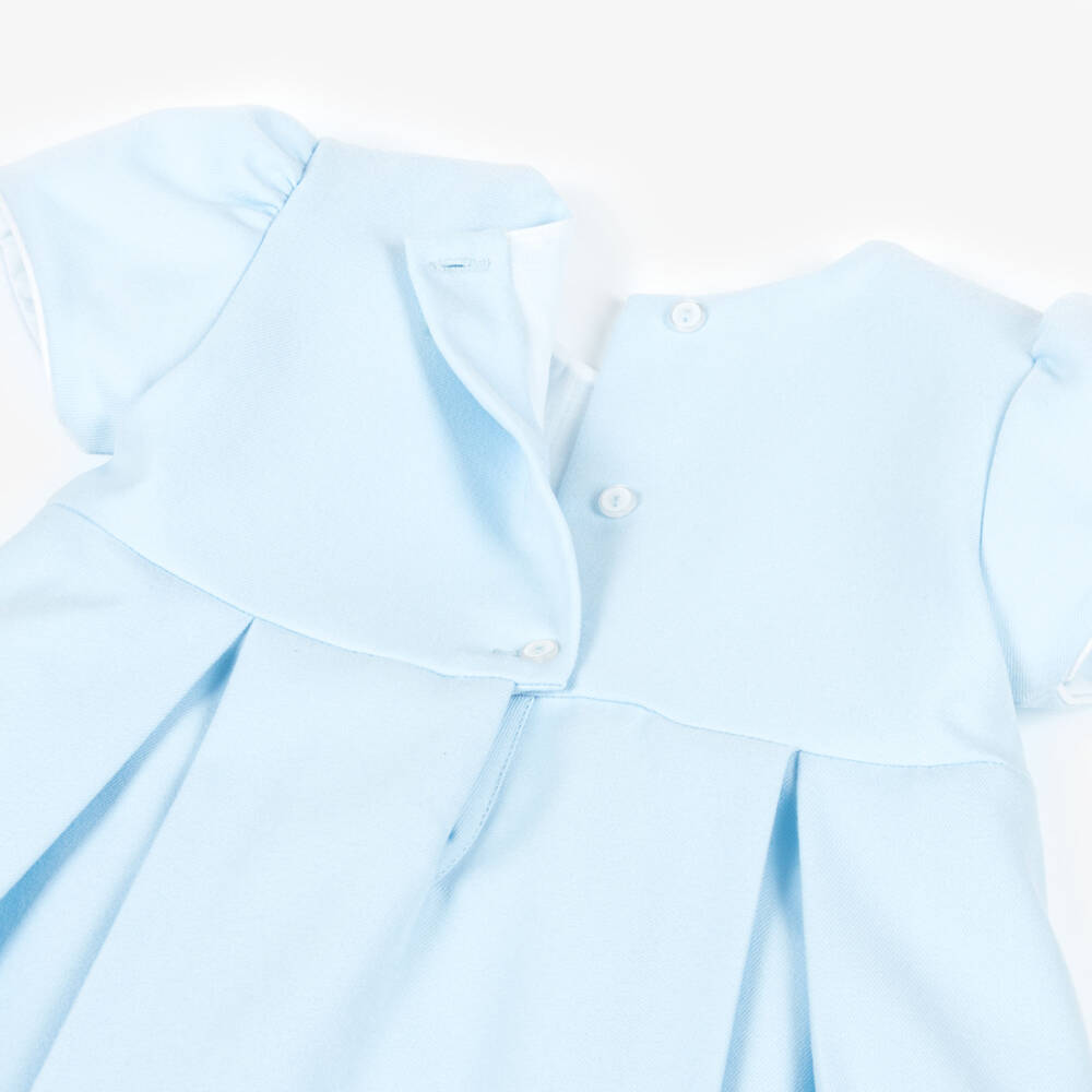 Pretty Originals-Girls Pale Blue Pleated Twill Dress with Floral Embroidery | Childrensalon Outlet
