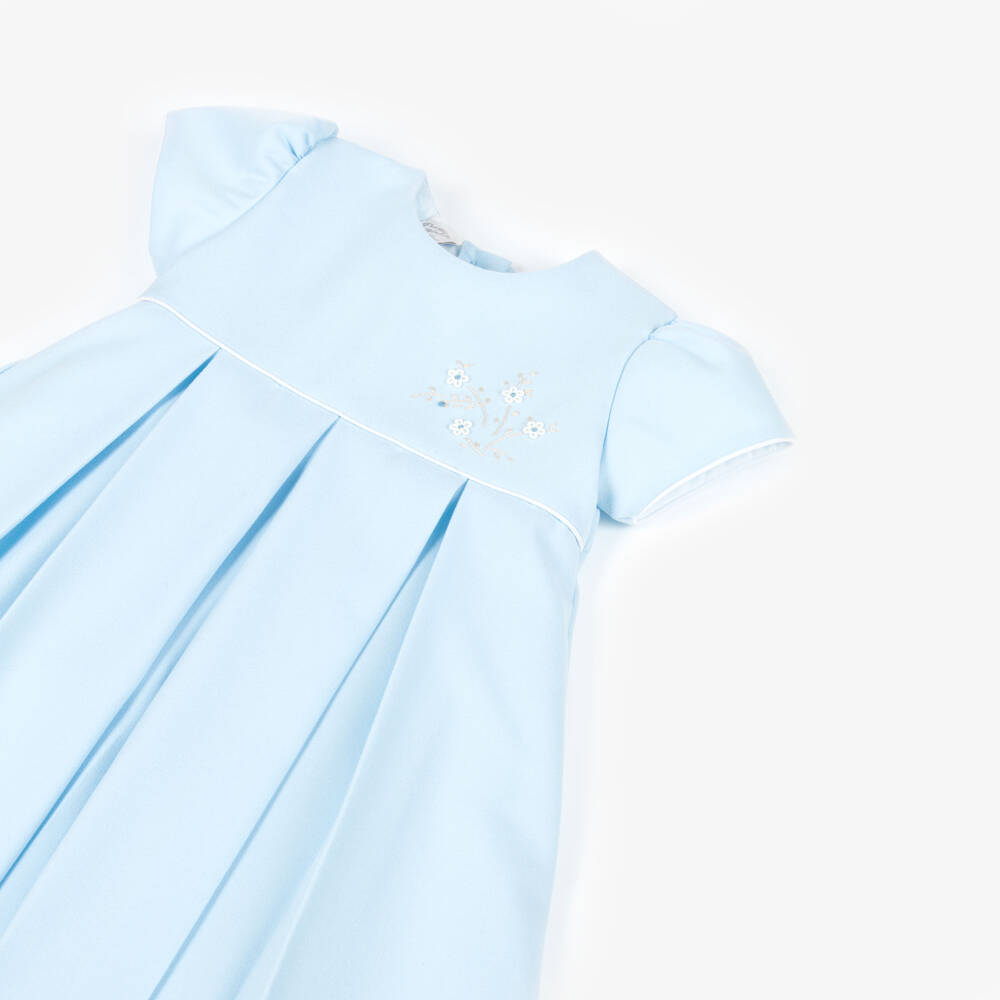 Pretty Originals-Girls Pale Blue Pleated Twill Dress with Floral Embroidery | Childrensalon Outlet
