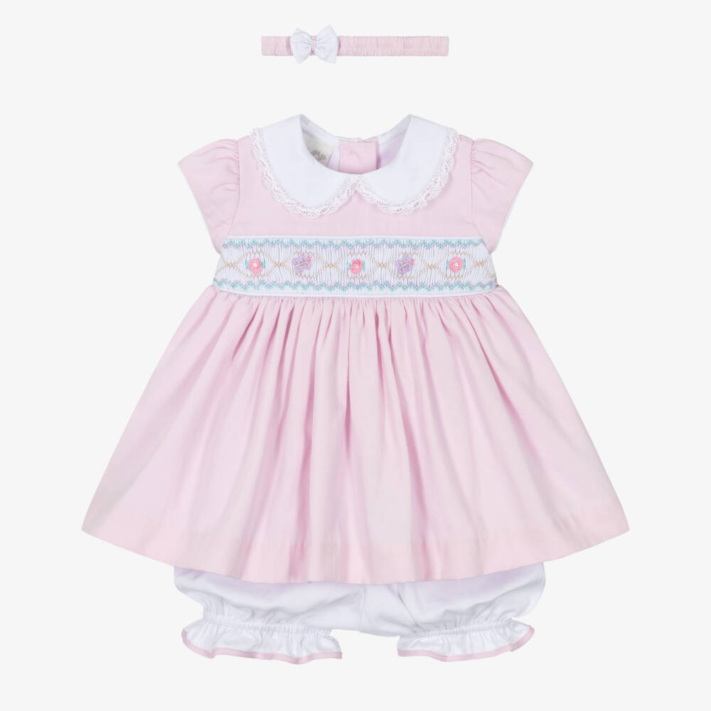 Pretty Originals-Girls Pale Pink Hand-Smocked Dress & Headband Set | Childrensalon Outlet