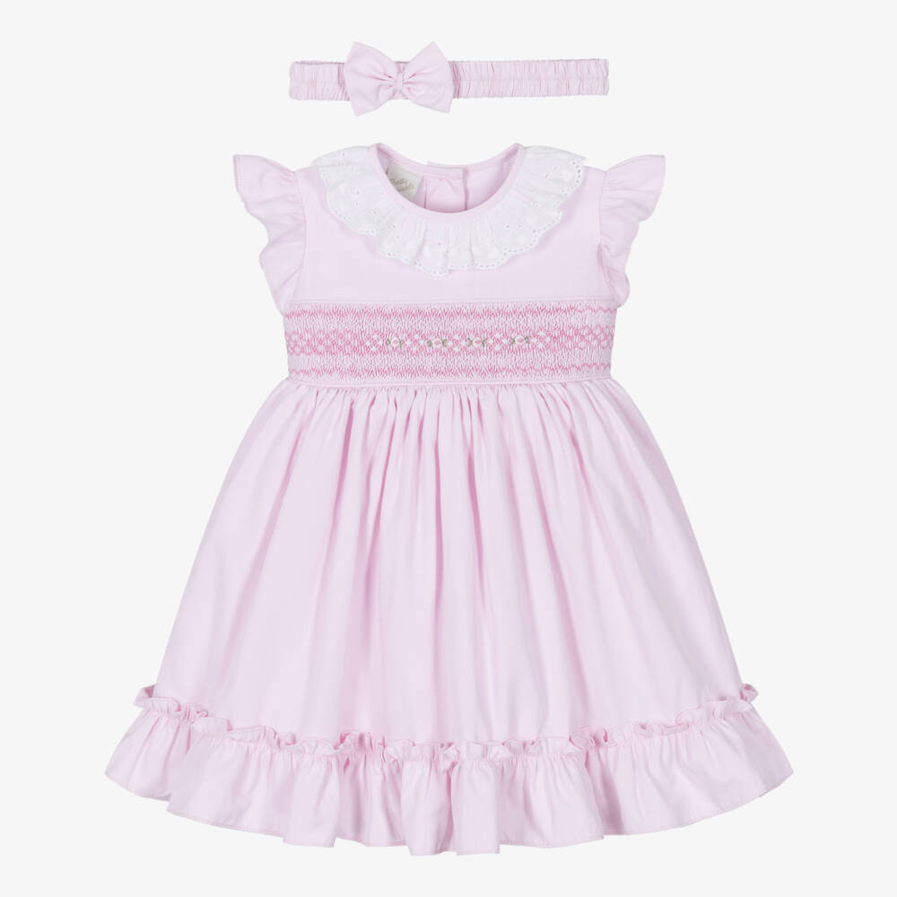 Pretty Originals-Girls Pale Pink Hand-Smocked Dress & Headband Set | Childrensalon Outlet