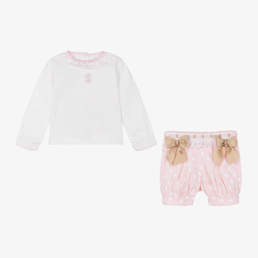 بريتي أوريجينال-طقم شورت وبلوزة أطفال بناتي مزيج قطن لون زهري وأبيض | Childrensalon Outlet