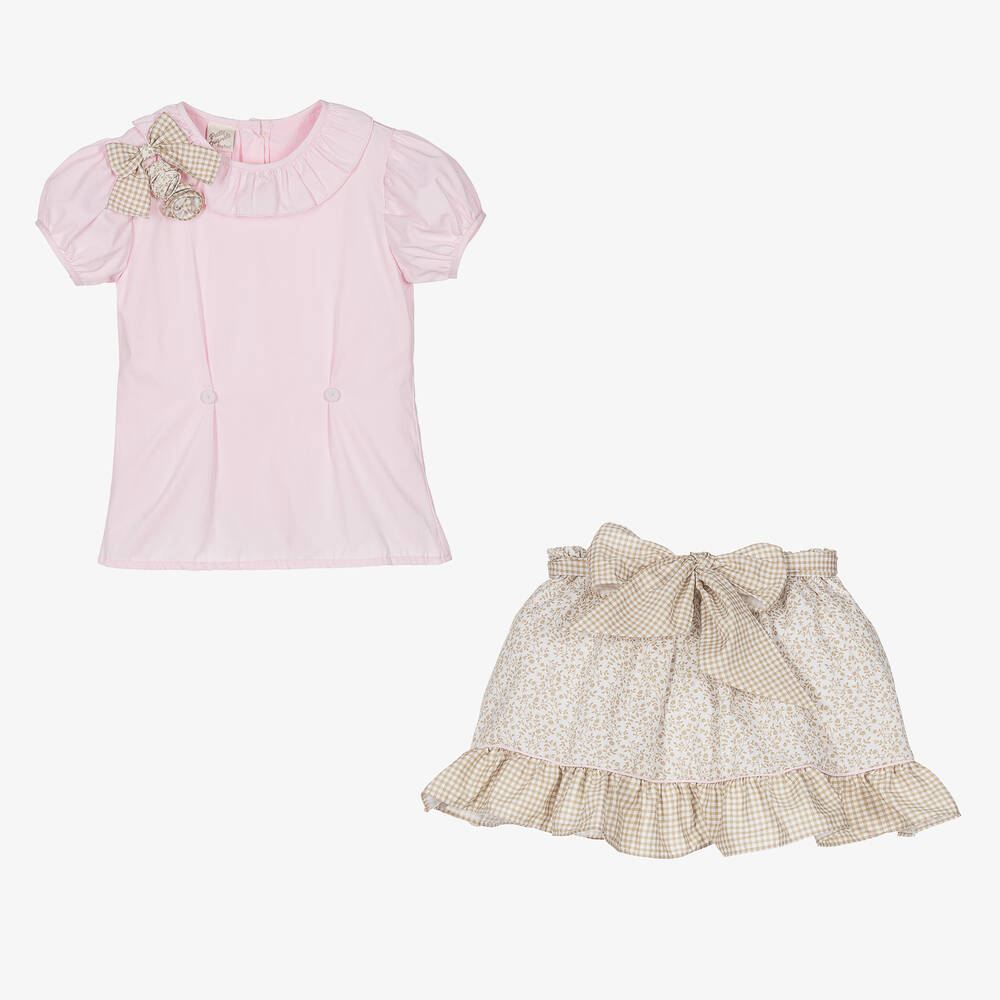 بريتي أوريجينال-Girls Pink & Beige Skirt Set | Childrensalon Outlet