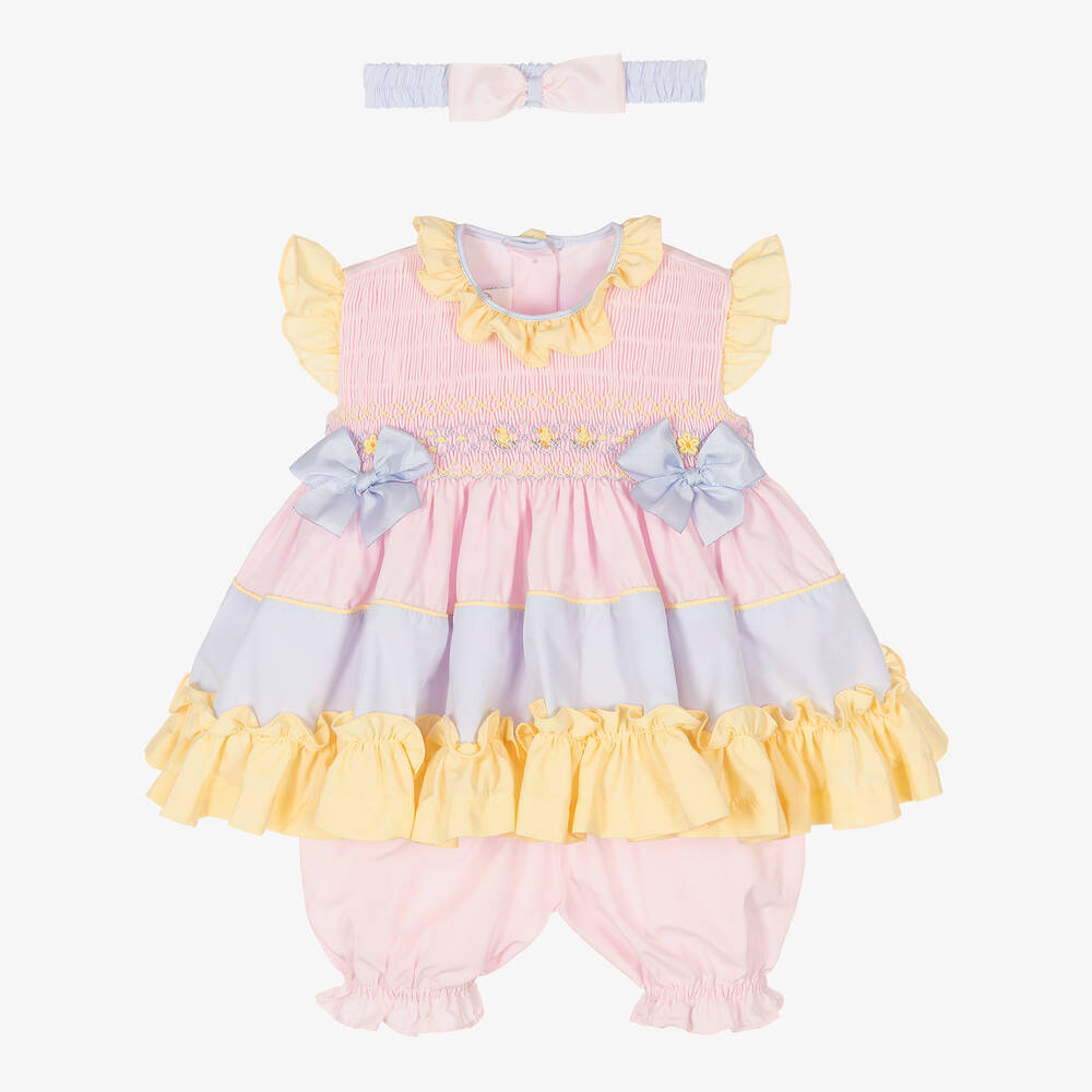 Pretty Originals - فستان مطرز سموكينغ قطن بوبلين لون أزرق وزهري | Childrensalon
