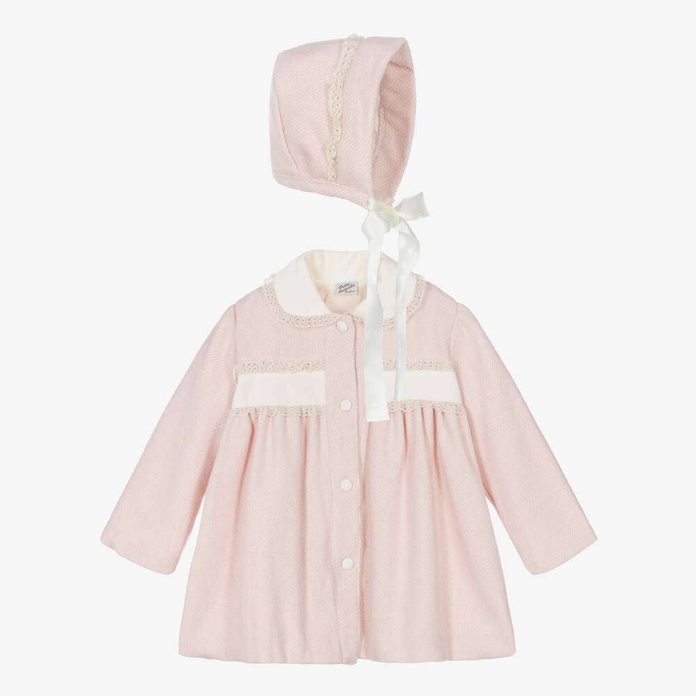 Pretty Originals - Girls Pink Cotton Coat & Bonnet Set | Childrensalon