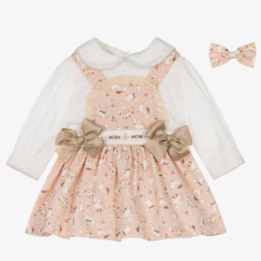 Pretty Originals - Girls Pink Cotton Ducks Pinafore Dress Set | Childrensalon