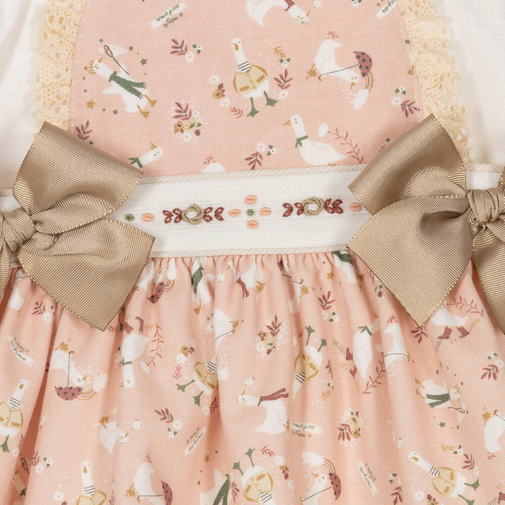 Pretty Originals-Girls Pink Cotton Ducks Pinafore Dress Set | Childrensalon Outlet