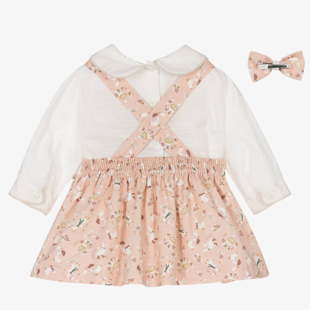 Pretty Originals-Girls Pink Cotton Ducks Pinafore Dress Set | Childrensalon Outlet
