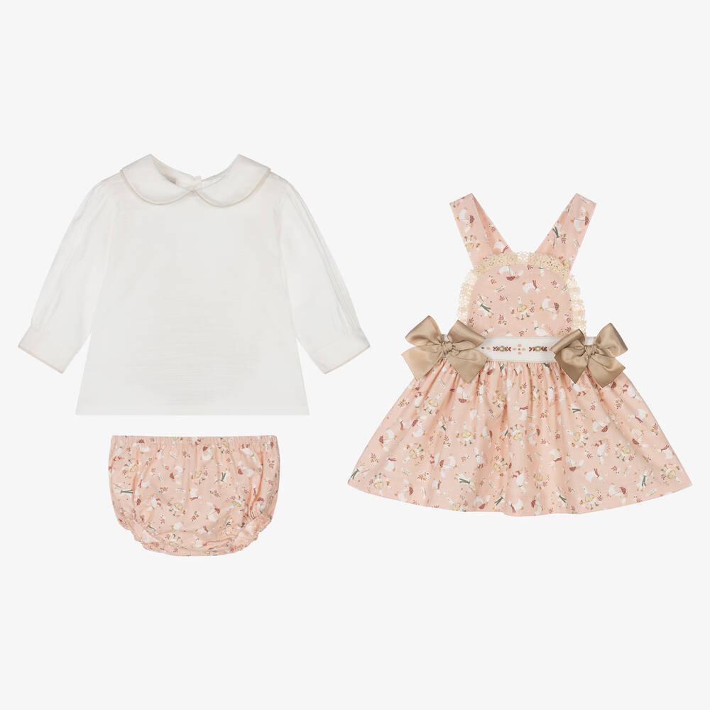Pretty Originals-Girls Pink Cotton Ducks Pinafore Dress Set | Childrensalon Outlet