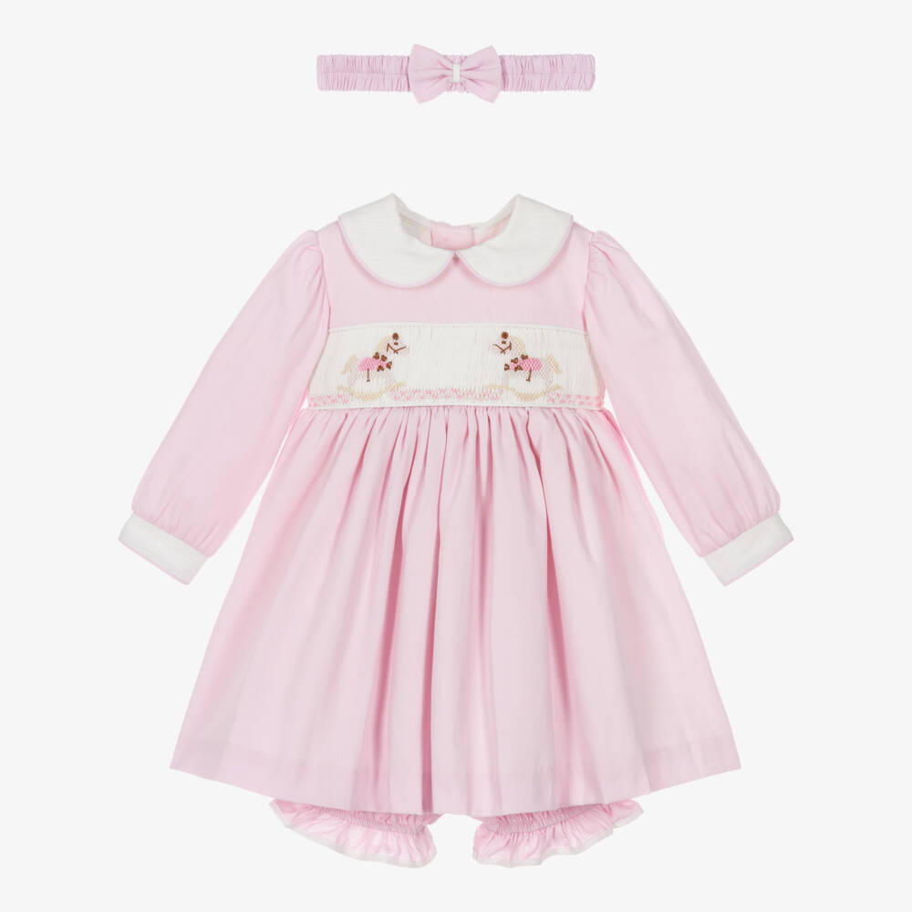 Pretty Originals-Girls Pink Cotton Rocking Horse Hand-Smocked Dress Set | Childrensalon Outlet