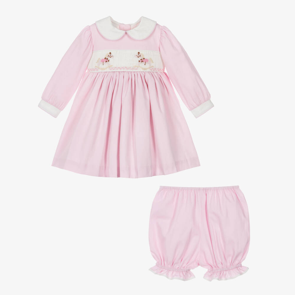 Pretty Originals-Girls Pink Cotton Rocking Horse Hand-Smocked Dress Set | Childrensalon Outlet