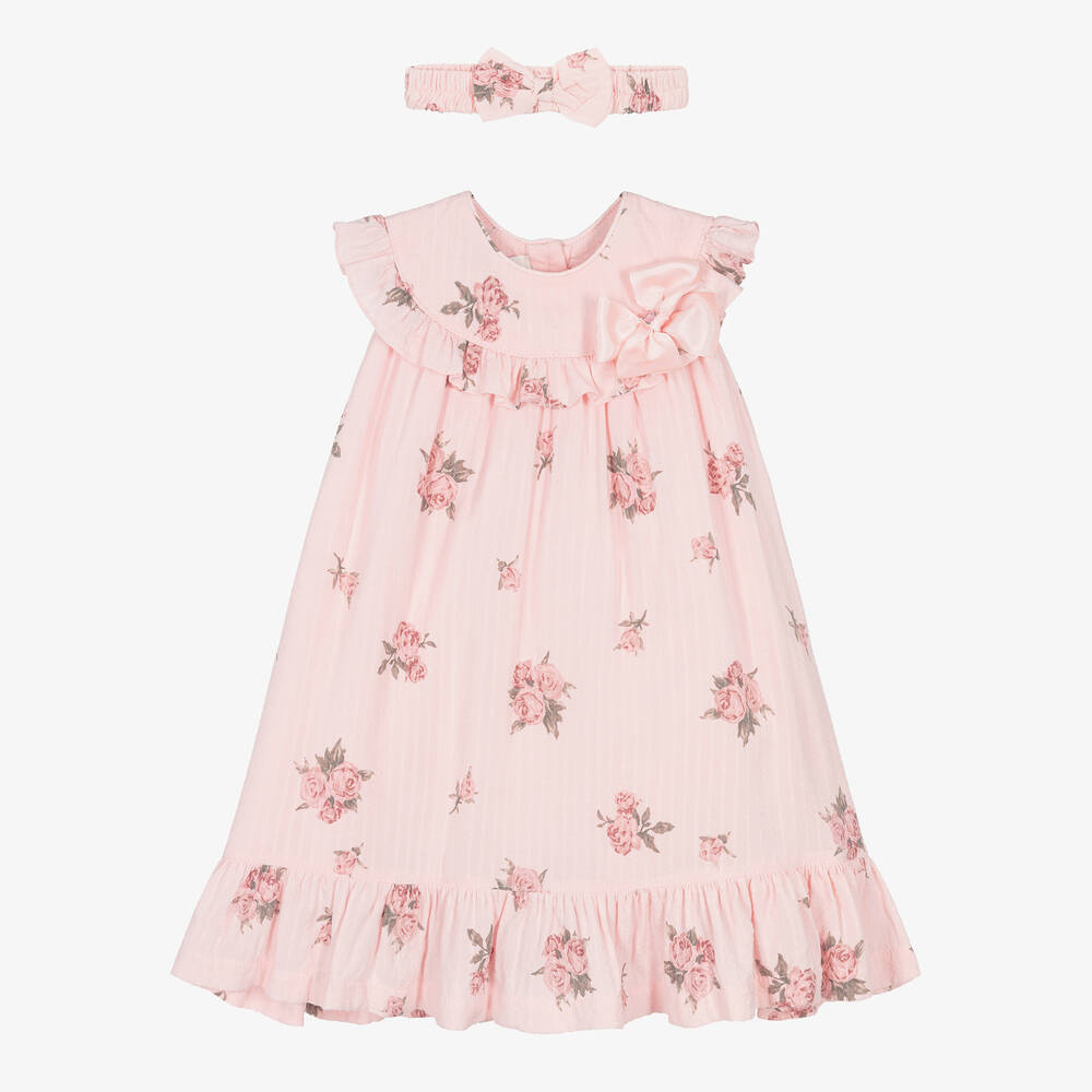 Pretty Originals-طقم فستان فيسكوز وقطن لون زهري بطبعة ورود | Childrensalon Outlet