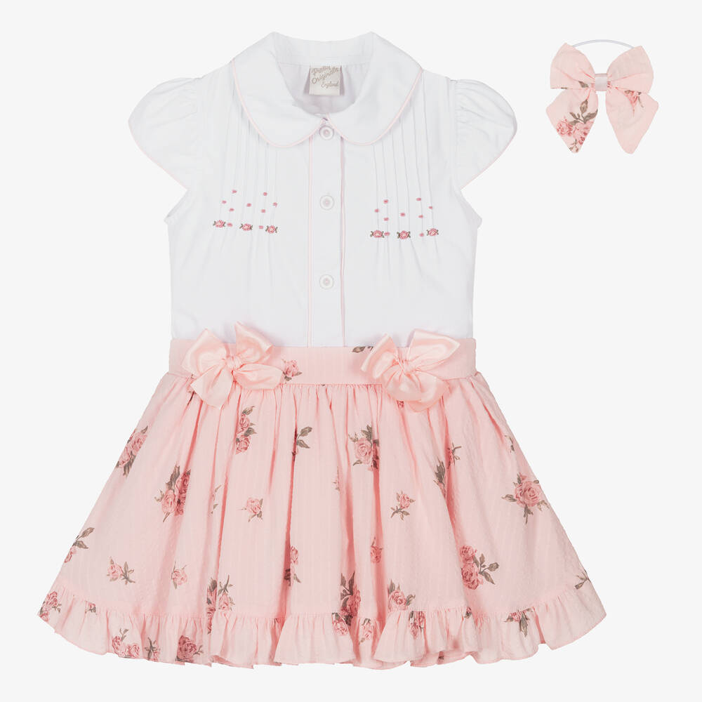 Pretty Originals-Girls Pink Floral Viscose Skirt Set | Childrensalon Outlet