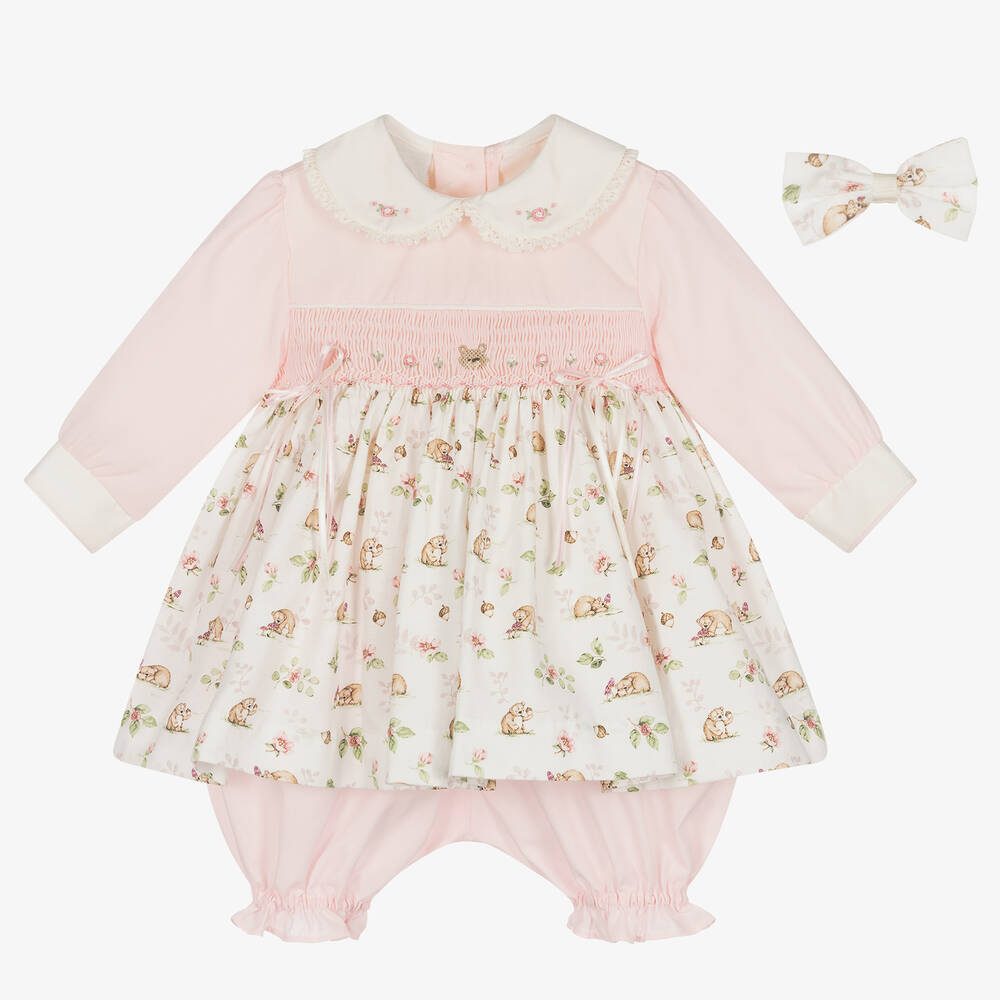 Pretty Originals - Girls Pink & Ivory Smocked Dress Set | Childrensalon
