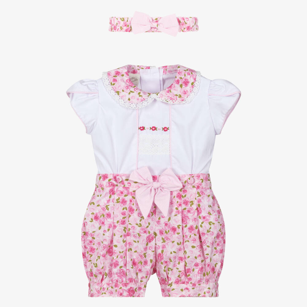 Pretty Originals-Girls Pink Rose Patterned Buster Suit | Childrensalon Outlet