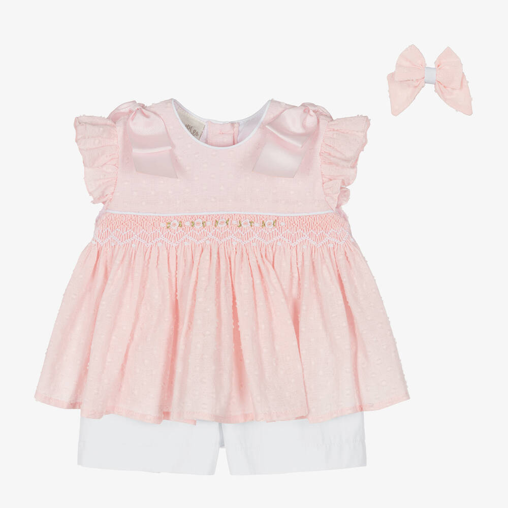 Pretty Originals-Girls Pink Smocked Cotton Shorts Set | Childrensalon Outlet