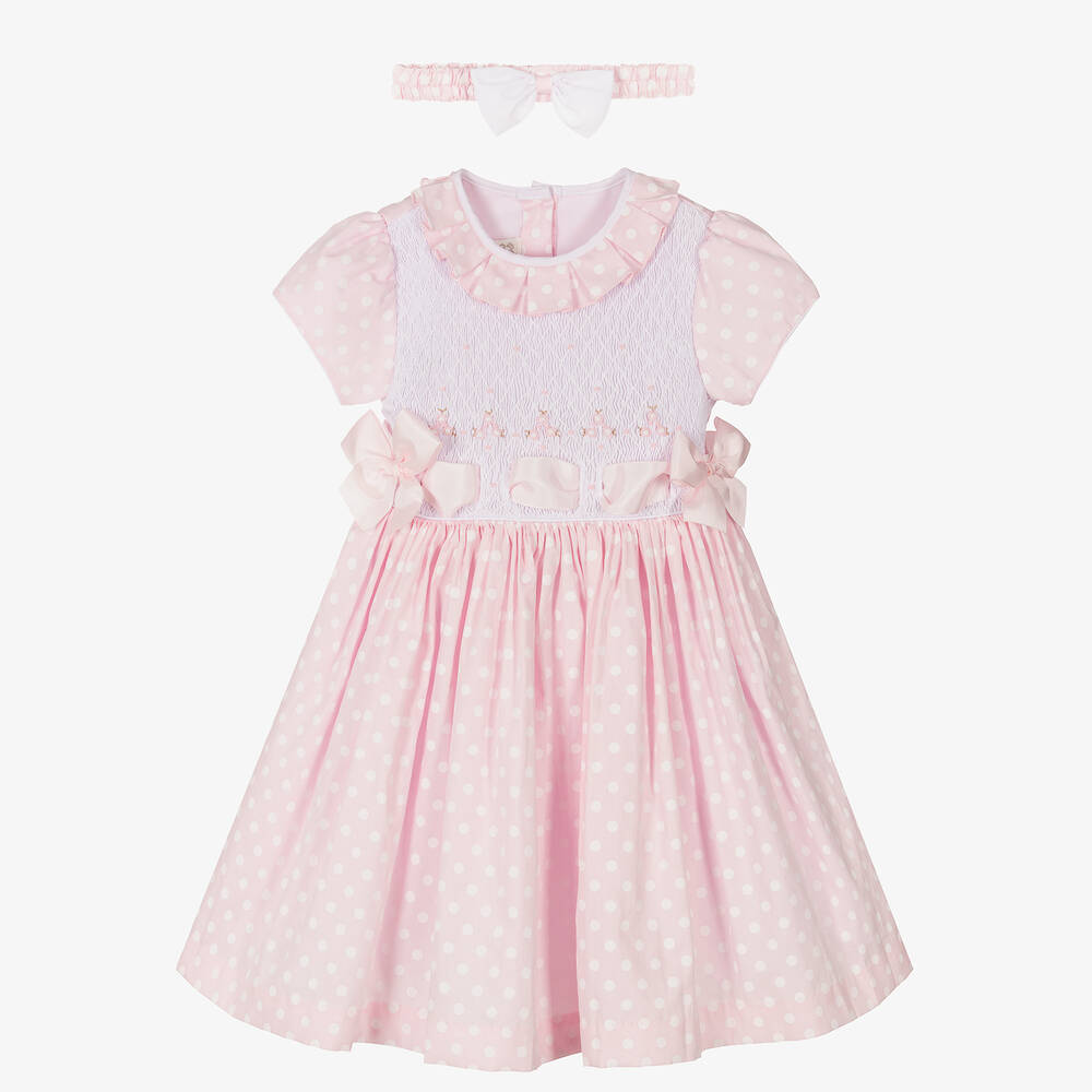 Pretty Originals - طقم فستان مطرز سموكينغ قطن لون زهري | Childrensalon