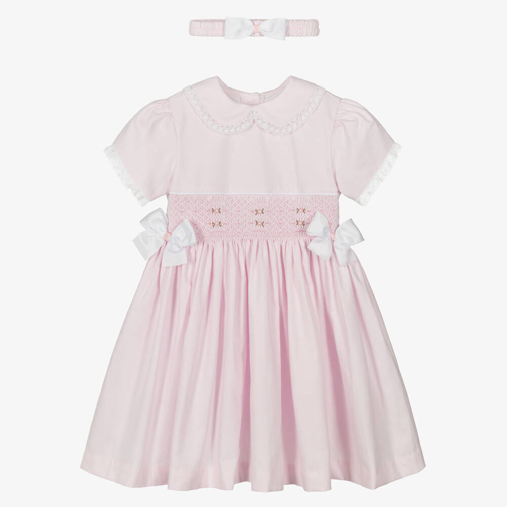 Pretty Originals - طقم فستان مطرز سموكينغ قطن لون زهري | Childrensalon
